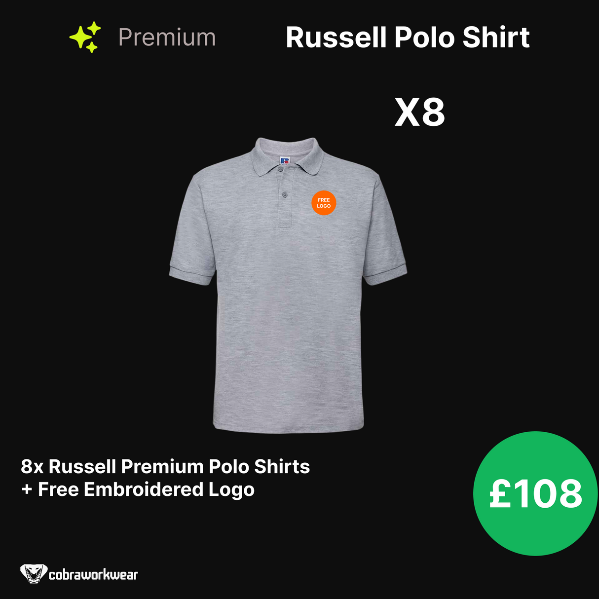 Russell Premium Polo Shirt Qty Bundle Package x18, x16, x24