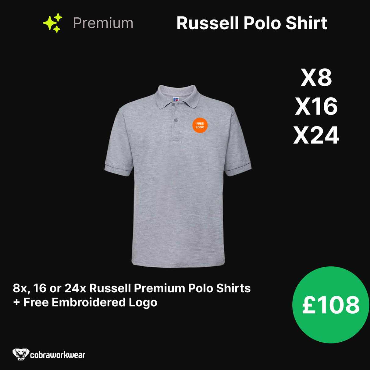 Russell Premium Polo Shirt Qty Bundle Package x18, x16, x24