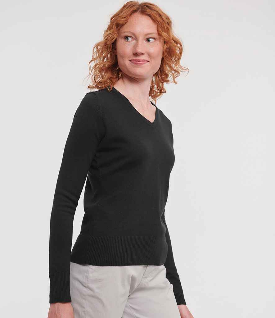 Russell Collection Ladies Cotton Acrylic V Neck Sweater | Black