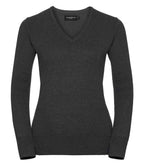 Russell Collection Ladies Cotton Acrylic V Neck Sweater | Charcoal Marl
