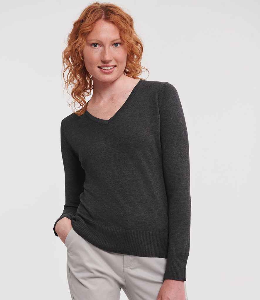 Russell Collection Ladies Cotton Acrylic V Neck Sweater | Charcoal Marl