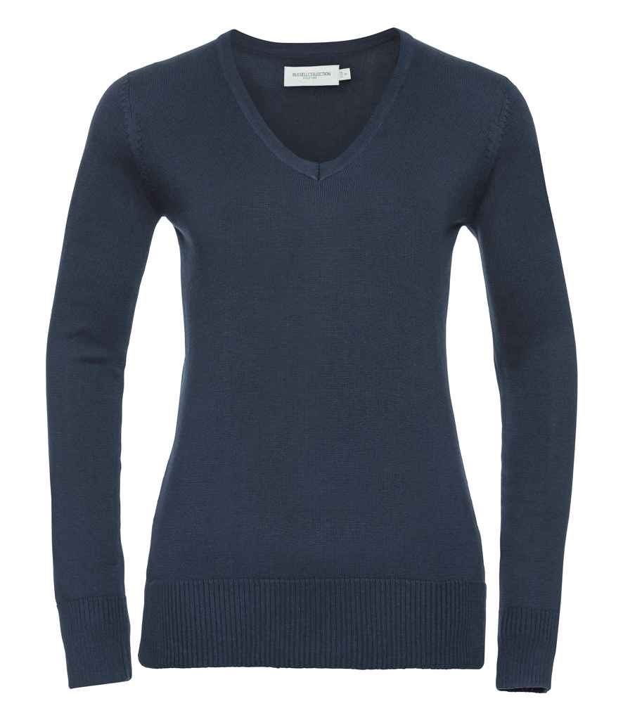 Russell Collection Ladies Cotton Acrylic V Neck Sweater | French Navy
