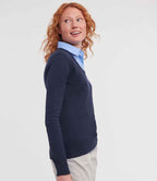 Russell Collection Ladies Cotton Acrylic V Neck Sweater | French Navy