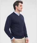 Russell Collection Cotton Acrylic V Neck Sweater | French Navy