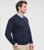 Russell Collection Cotton Acrylic V Neck Sweater | French Navy