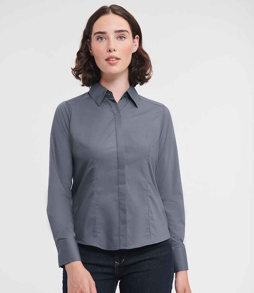 Russell Collection Ladies Long Sleeve Fitted Poplin Shirt | Convoy Grey