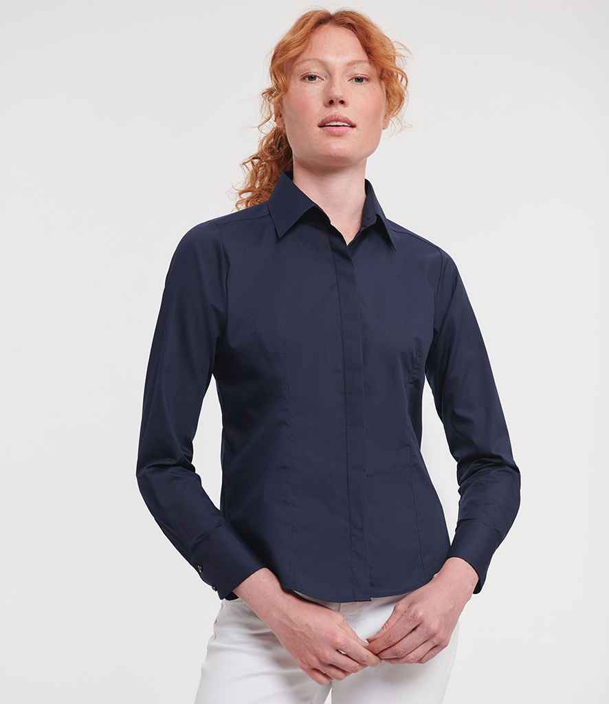 Russell Collection Ladies Long Sleeve Fitted Poplin Shirt | French Navy