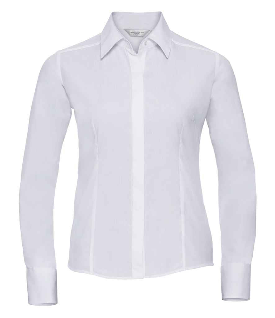 Russell Collection Ladies Long Sleeve Fitted Poplin Shirt | White