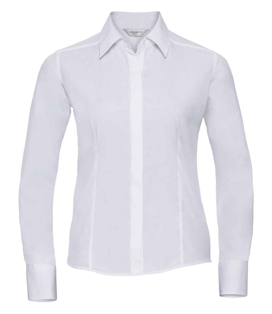 Russell Collection Ladies Long Sleeve Fitted Poplin Shirt | White