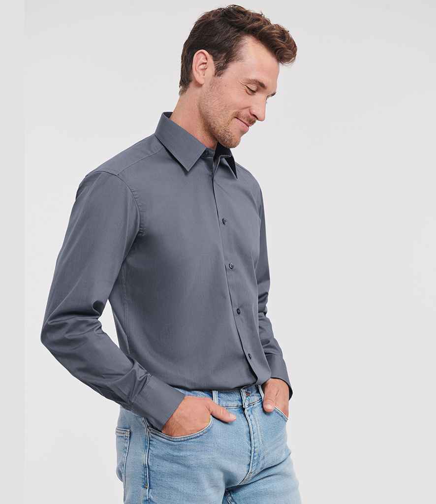 Russell Collection Long Sleeve Tailored Poplin Shirt | Convoy Grey