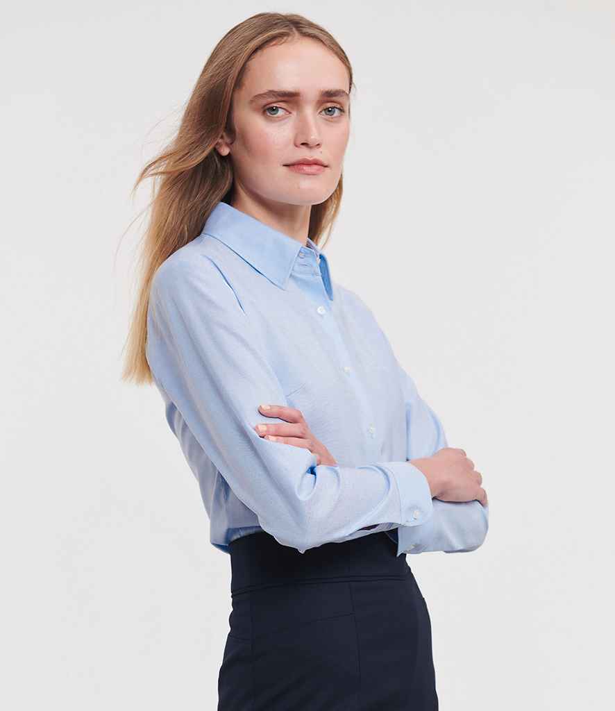 Russell Collection Ladies Long Sleeve Easy Care Oxford Shirt | Oxford Blue