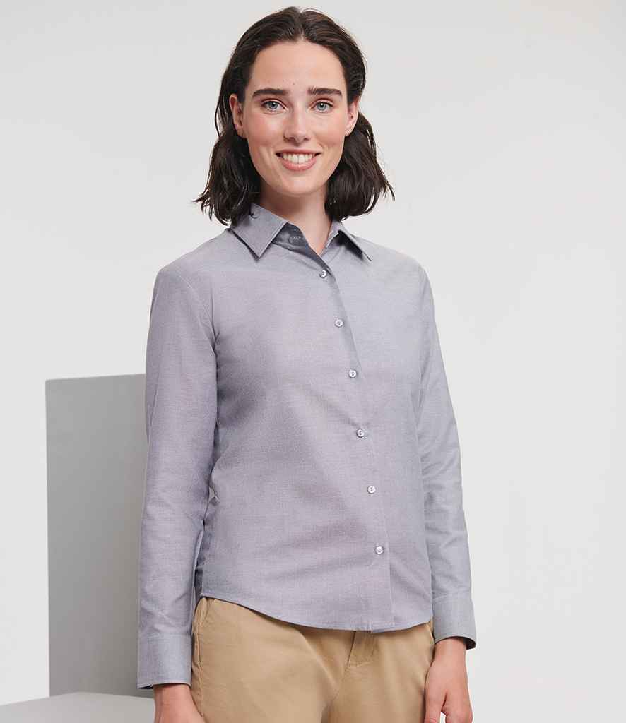 Russell Collection Ladies Long Sleeve Easy Care Oxford Shirt | Silver