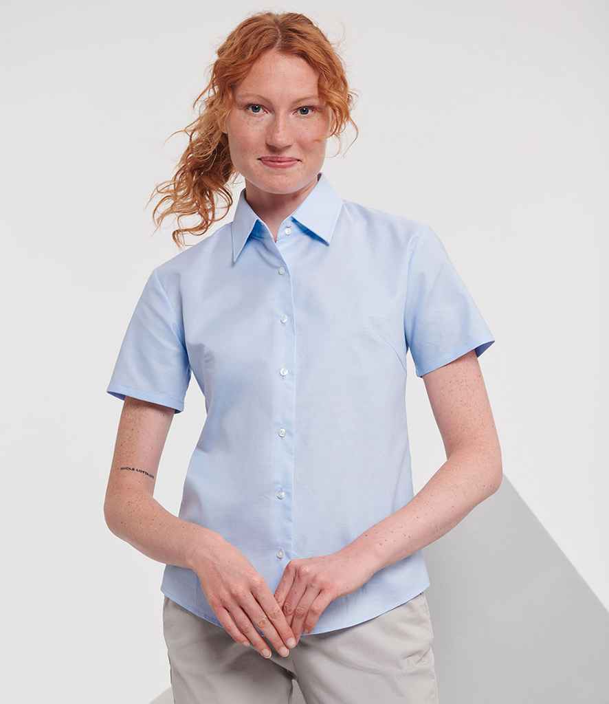 Russell Collection Ladies Short Sleeve Easy Care Oxford Shirt | Oxford Blue