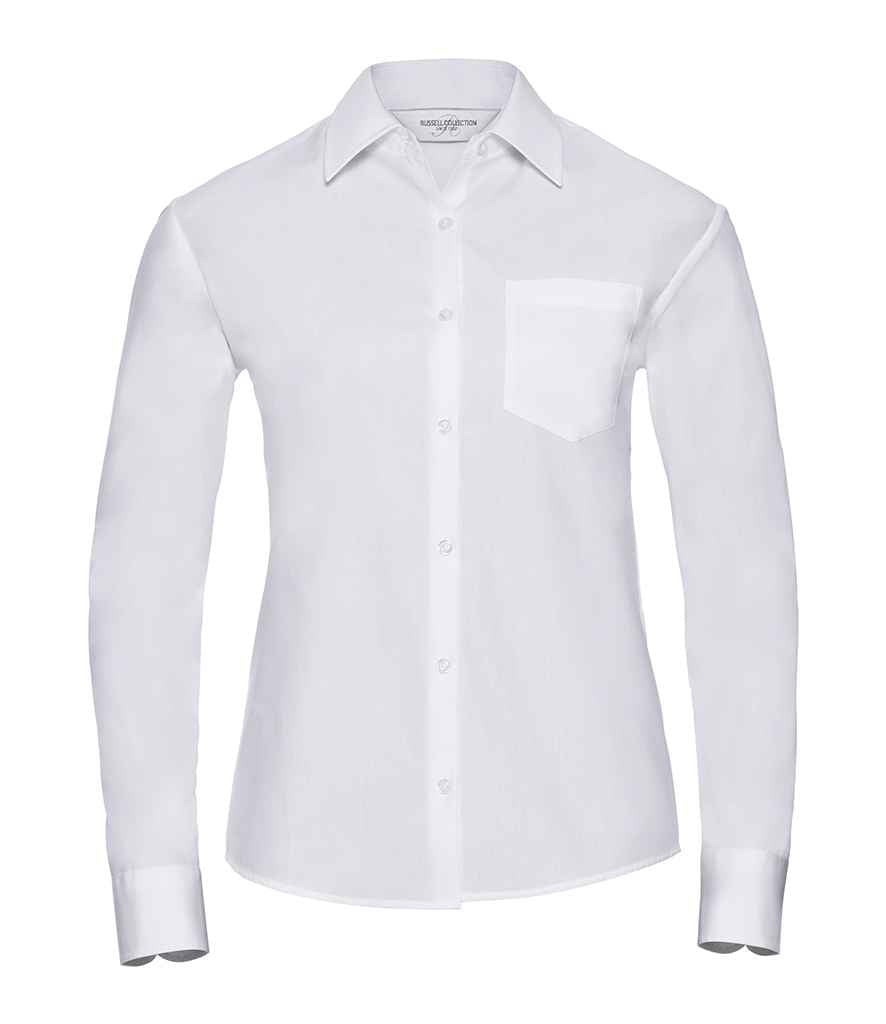 Russell Collection Ladies Long Sleeve Easy Care Cotton Poplin Shirt | White