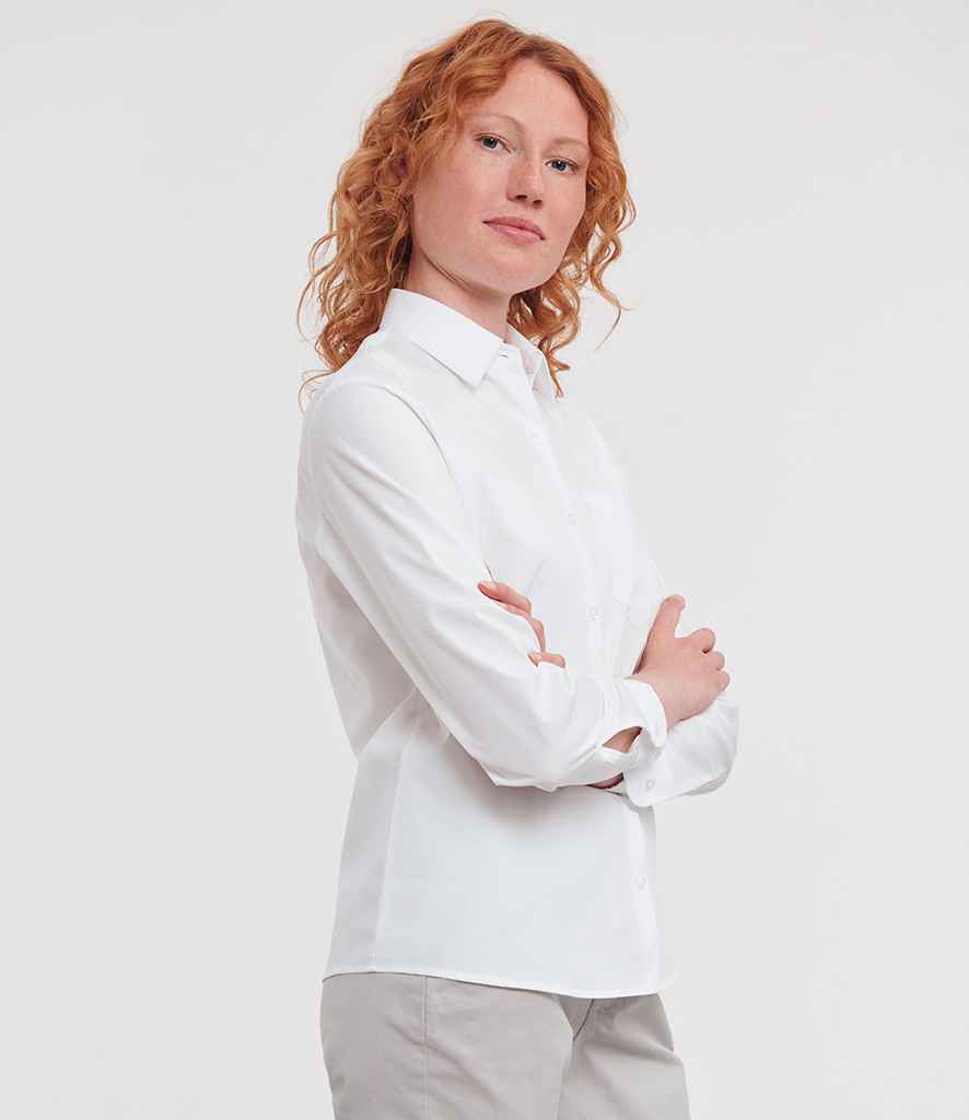 Russell Collection Ladies Long Sleeve Easy Care Cotton Poplin Shirt | White
