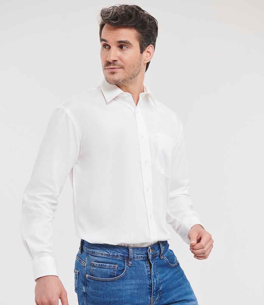 Russell Collection Long Sleeve Easy Care Cotton Poplin Shirt | White