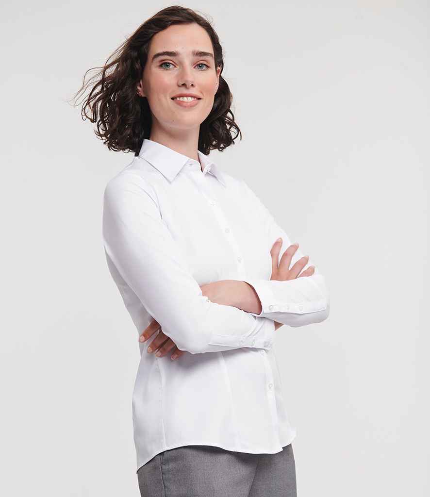 Russell Collection Ladies Long Sleeve Herringbone Shirt | White