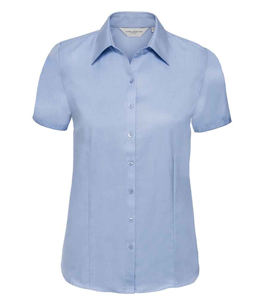 Russell Collection Ladies Short Sleeve Herringbone Shirt | Light Blue