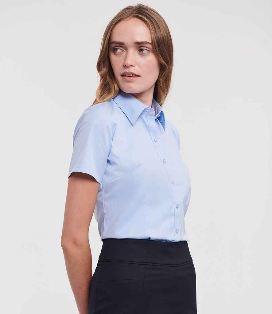 Russell Collection Ladies Short Sleeve Herringbone Shirt | Light Blue