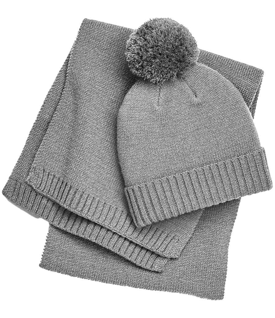 Beechfield Knitted Scarf and Beanie Gift Set | Light Grey Fleck