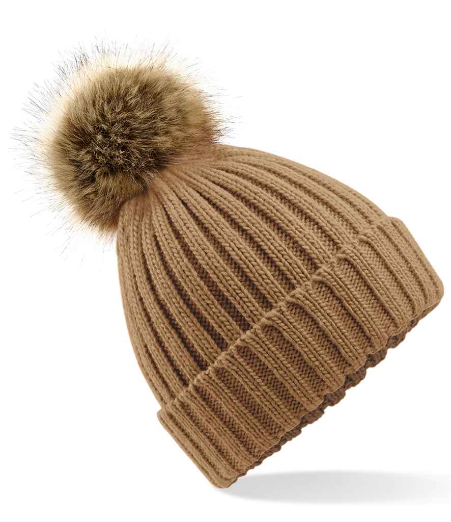 Beechfield Faux Fur Pop Pom Chunky Beanie with Soft Plush Pom and Warm Knit Design