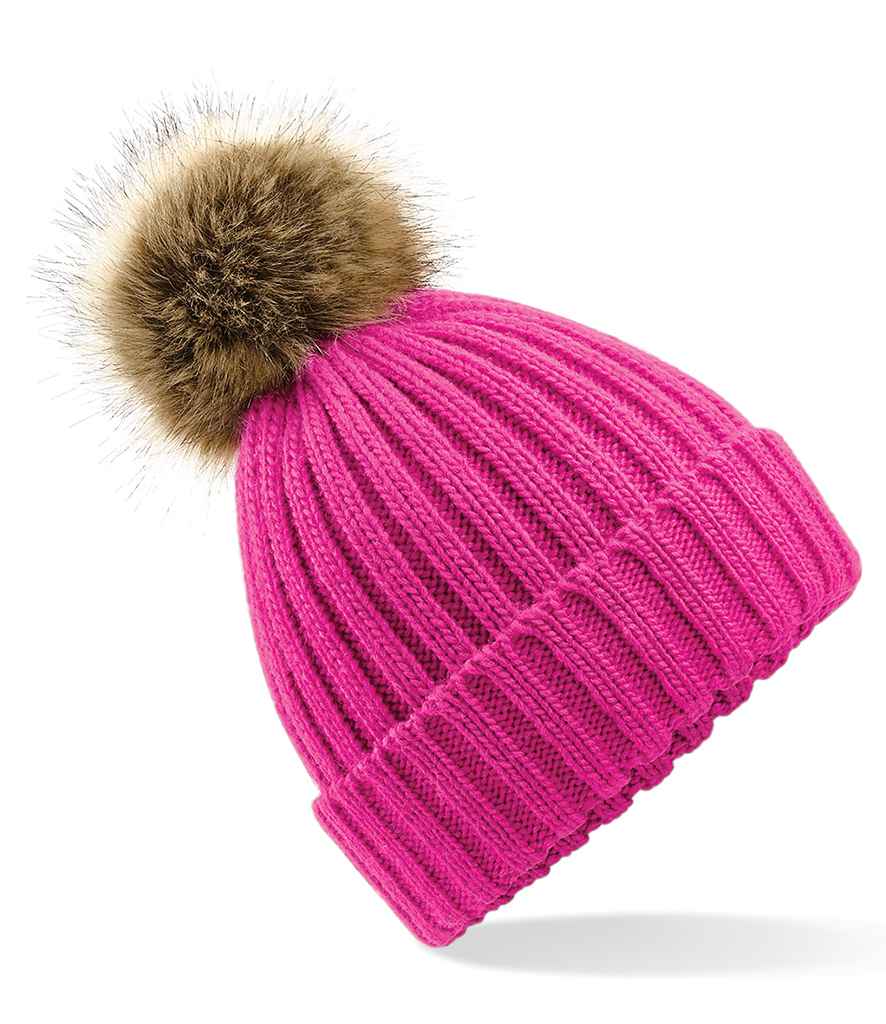 Beechfield Faux Fur Pop Pom Chunky Beanie with Soft Plush Pom and Warm Knit Design