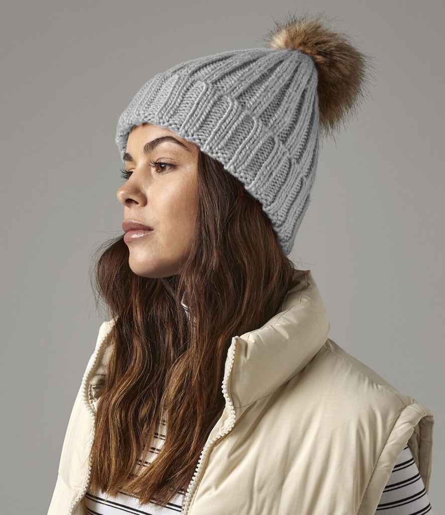 Beechfield Faux Fur Pop Pom Chunky Beanie with Soft Plush Pom and Warm Knit Design