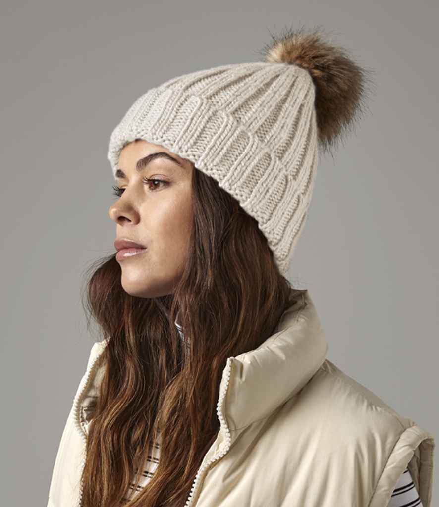 Beechfield Faux Fur Pop Pom Chunky Beanie with Soft Plush Pom and Warm Knit Design