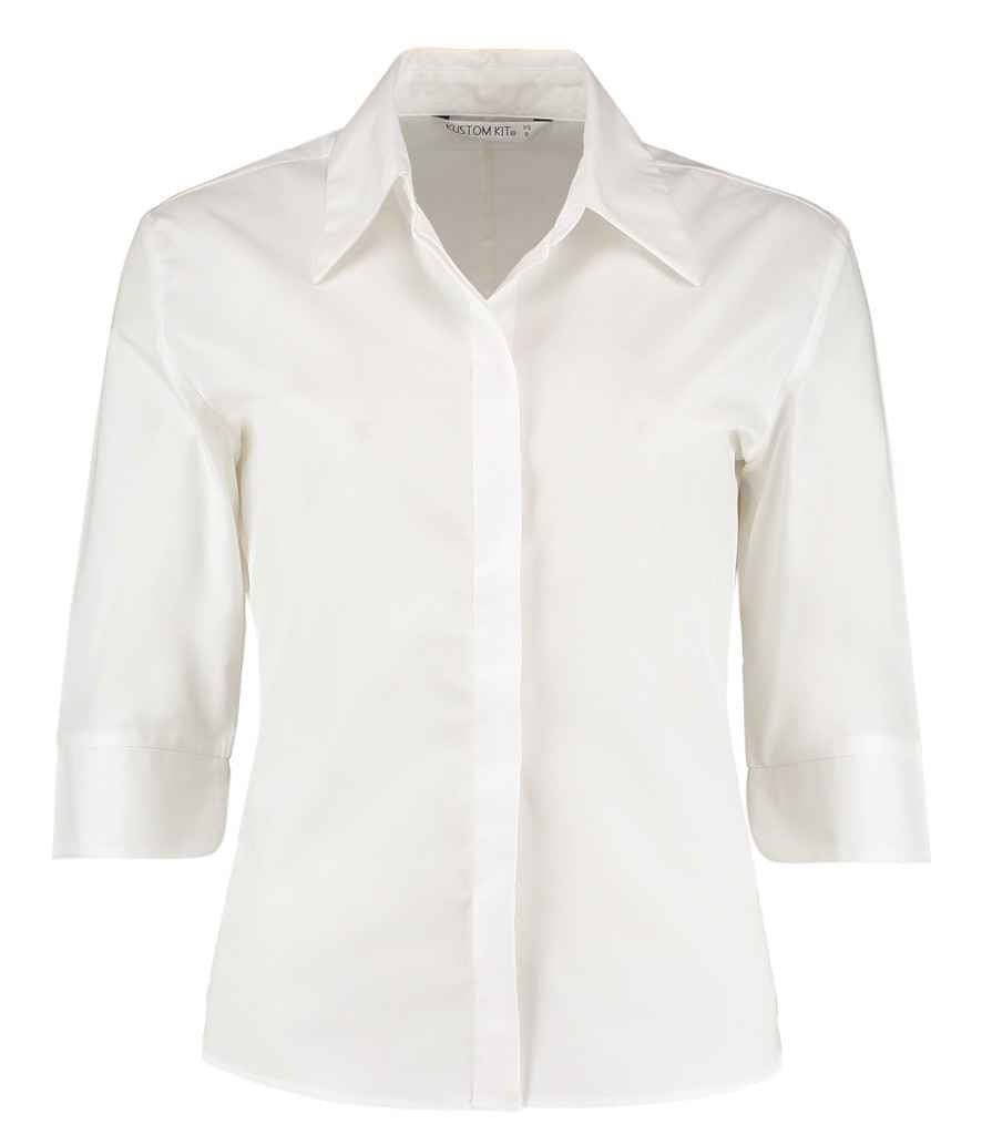 Kustom Kit Ladies 3/4 Sleeve Tailored Continental Shirt with Continental Collar and Button Cuffs