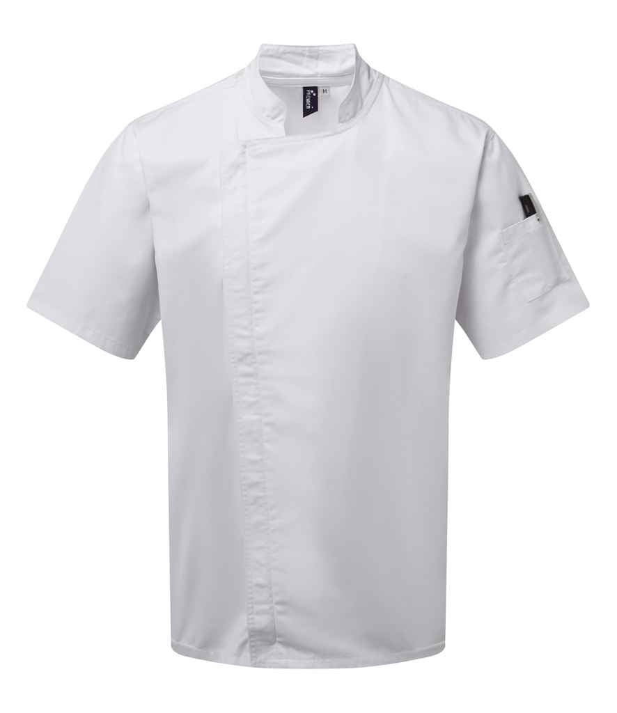 Premier Short Sleeve Zipped Chef's Jacket with Modern Fit and Durable Fabric